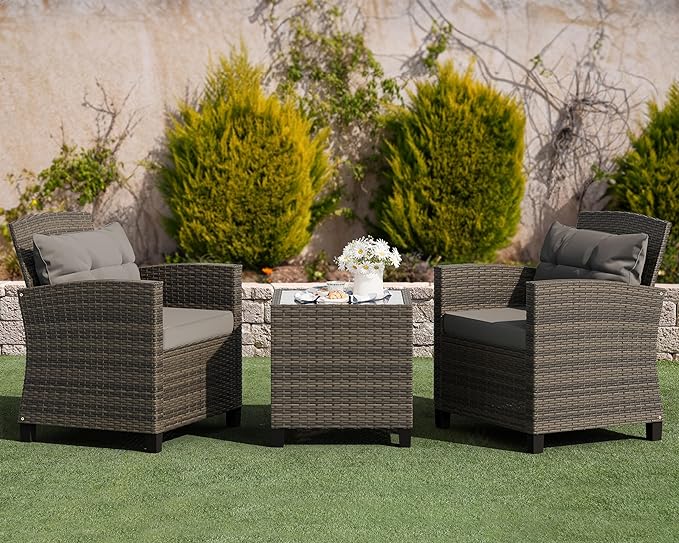 Shintenchi 3 Pieces Patio Furniture Set 3 Pieces PE Rattan Wicker Chairs with Table Outdoor Furniture for Backyard/Garden/Poolside/Outdoor Restaurant Gary Rattan with Gary Cushion - LeafyLoom