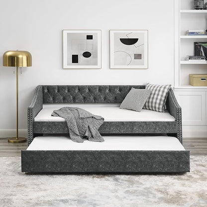 Twin Size Upholstered Daybed with Trundle, Wooden Sofa Bed w/Button Tufted Backrest and Waved Shape Arms, Space-Saving Design, No Box Spring Needed, for Living Room, Bedroom, Dorm, Grey - LeafyLoom