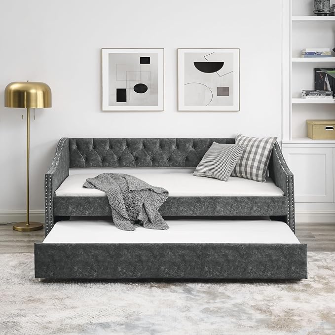 Upholstered Twin Size Daybed with Twin Trundle, Solid Wooden Bed Frame w/Button Tufted Backrest and Copper Nail on Waved Shape Arms, No Spring Box Need, Space-Saving Design - LeafyLoom