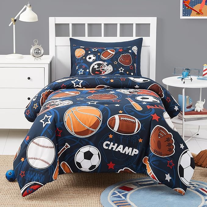 Sports Ball Games Twin Comforter Set with Sheets - 5 Pieces Kids Twin Bedding Sets for Boys, Glow in The Dark Baseball Basketball Football Soccer Twin Bed in a Bag for Kids, Teens - LeafyLoom