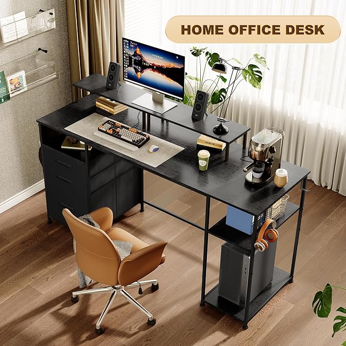 Computer Desk with 3 File Cabinet Drawers, 57.8'' Reversible Gaming Desk, Office Desk with Storage Shelves and Dual Monitor Stand for Home & Office (Black) - LeafyLoom