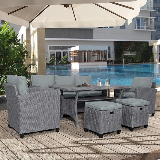 6-Piece Patio Furniture Set with Dining Table, Outdoor Garden Sectional Sofa, All-Weather Wicker Conversation Couch with Chairs, Stools and Cushions, Onesize, Gray Rattan - LeafyLoom