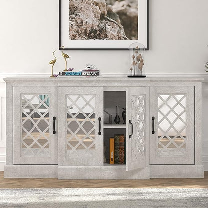 Galano Millicent Wide Sideboard Buffet Cabinet, Kitchen Storage Cabinet with Acrylic Mirror Doors, Cupboard Console Table, Rustic Farmhouse Buffet Display for Coffee Bar, Dusty Grey Oak - LeafyLoom