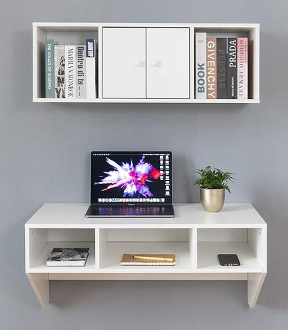 Wall Mounted Office Computer Desk and Floating Hutch Cabinet, White - LeafyLoom