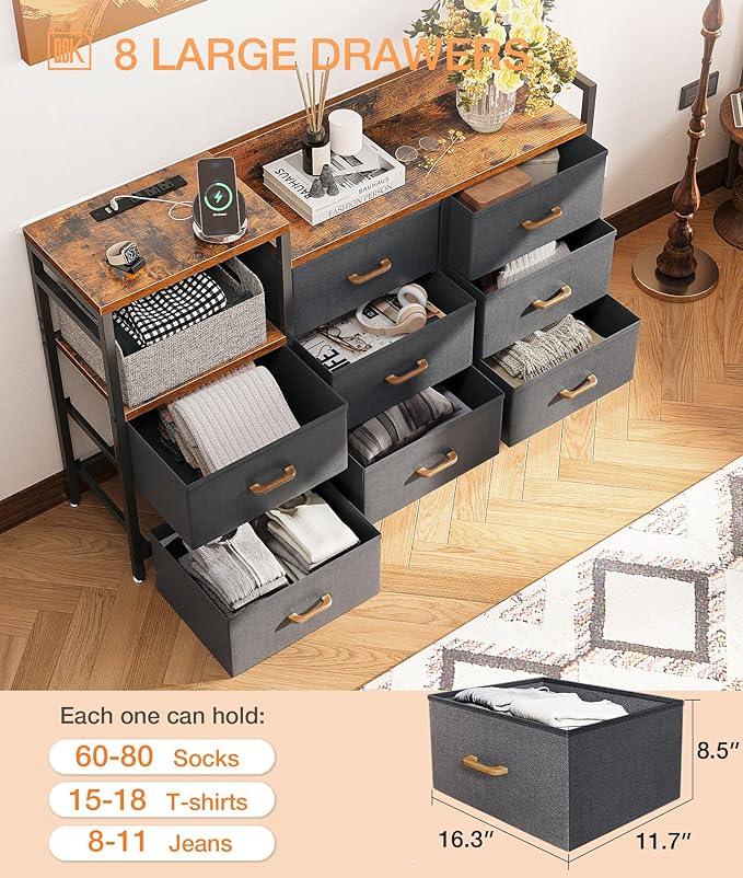 ODK Dresser with Charging Station, 52-Inch Long Dresser TV Stand for Bedroom, Large Dresser with 8 Storage Drawers, Chest of Drawers Easy-Pull Fabric Dressers for Living Room, Vintage and Dark Grey - LeafyLoom