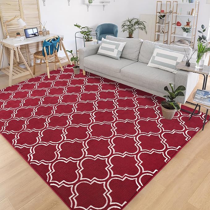 Chicrug Shag Geometric 5x7 Area Rug for Living Room, Large Modern Memory Foam Indoor Carpet, Fluffy Rug for Bedroom Bedside Room Decor for Family Girls Kids Nursery, Wine Red/White - LeafyLoom