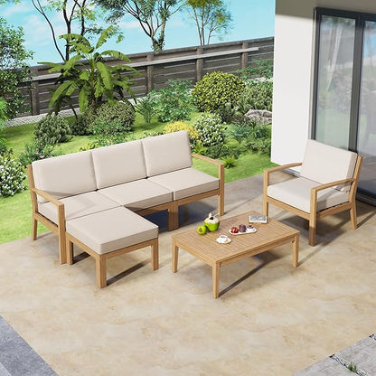 Merax 6-Piece Outdoor Sectional Conversation Sofa Seat Cushions Acacia Wood Frame Furniture Sets with Coffee Table and Ottoman for Garden Backyard Patio and Poolside, Beige - LeafyLoom