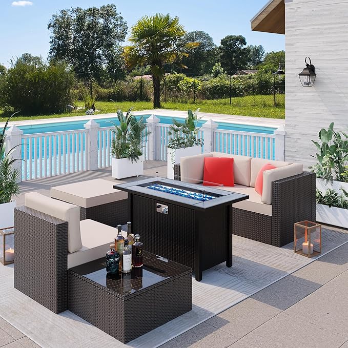 Shintenchi 5 Pieces Patio Furniture Sets w/45 inch Fire Pit Table, Outdoor Conversation Set w/50,000 BTU Steel Gas Fire Pit, Patio Sectional Sofa Set w/Glass Table &Ottoman - LeafyLoom