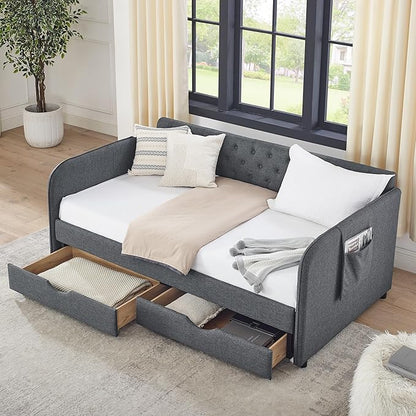 Twin Size Upholstery modern Daybed, Trundle Bed and Two Storage Drawers,pull out Button Tufted Sofa Armrest side with pocket,for Bedroom Living Room,Linen Dark Grey - LeafyLoom