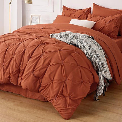 Bedsure King Size Comforter Set - Bedding Set King 7 Pieces, Pintuck Bed in a Bag Burnt Orange Bed Set with Comforter, Sheets, Pillowcases & Shams - LeafyLoom