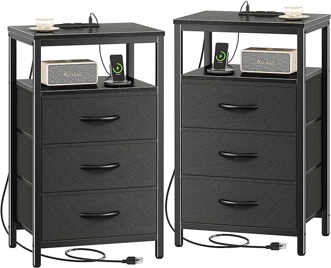 Nightstands Set of 2, 27.6 Inch End Tables with Charging Station, Side Tables with Fabric Drawers, Bedside Tables with USB Port and Outlet, Night Stands for Bedroom, Black - LeafyLoom