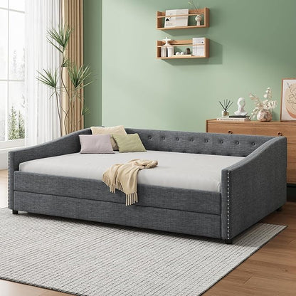 Twin Daybed Frame with Trundle,Upholstered Sofa Bed W/Button & Nailhead Tufted Design,Wood Slats Support,Saving Space,Linen Fabric Bedframe for Living Room Bedroom Apartment,Dark Gray - LeafyLoom