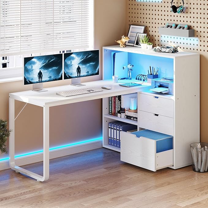 YITAHOME L Shaped Desk with Power Outlets & LED Lights & File Cabinet, 55" Corner Computer Desk with 3 Drawers & 3 Storage Shelves, Home Office Desk with Bookshelf, White - LeafyLoom