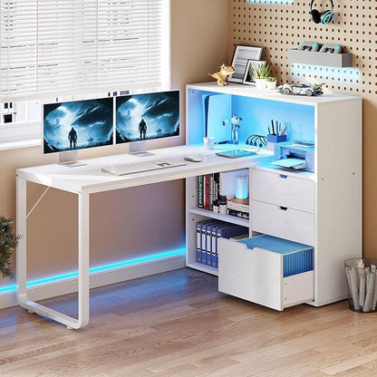 YITAHOME L Shaped Desk with Power Outlets & LED Lights & File Cabinet, 55" Corner Computer Desk with 3 Drawers & 3 Storage Shelves, Home Office Desk with Bookshelf, White - LeafyLoom