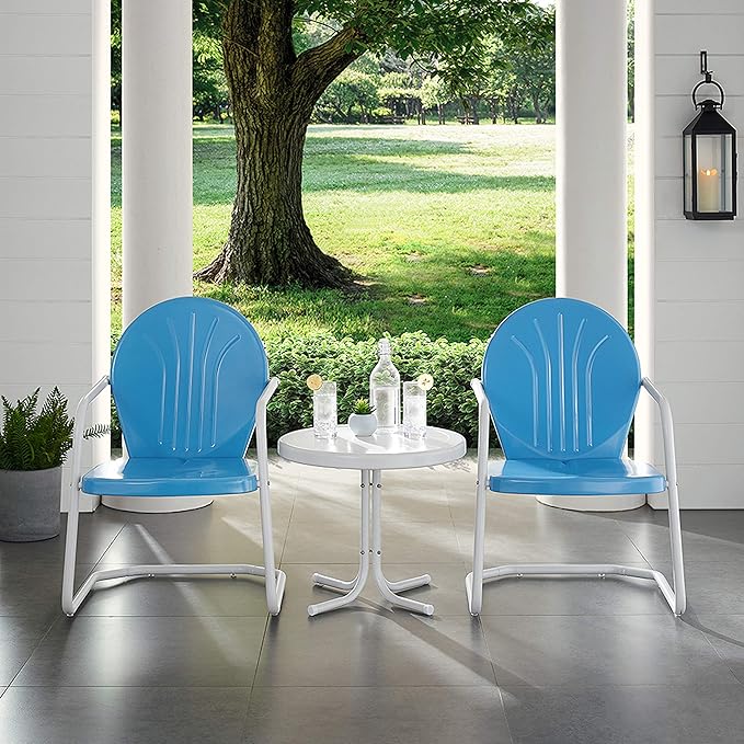 Crosley Furniture KO10004BL Griffith 3-Piece Retro Metal Outdoor Seating Set with Table and 2 Chairs, Sky Blue - LeafyLoom