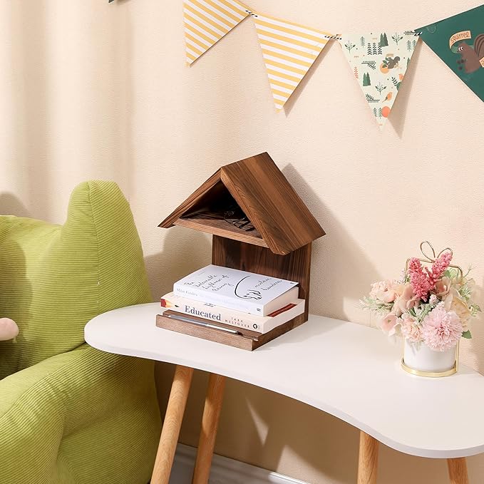 Floating Bedside Wood Bookshelf, Triangle Book Page Holder, Wooden Simple Bookcase for Bedroom Nightstand Library Office or Wall Decor Storage (Brown - LeafyLoom