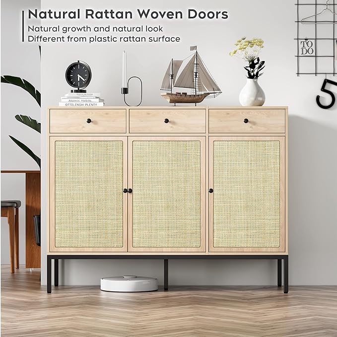 Brafab Rattan Cabinet Storage Sideboard Buffet Table Accent Console for Living Room Entryway Kitchen Dining Room 3 Drawers - LeafyLoom