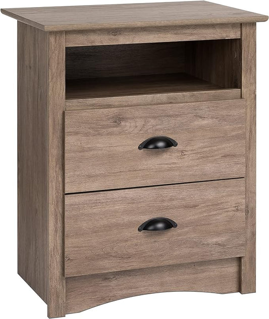 Prepac's Fremont 2 Drawer Nightstand: Elegant Bedroom Furniture, Bedside Table with Open Shelf, 23.25"W x 16"D x 28"H, Drifted Gray - DDC-2428 - LeafyLoom