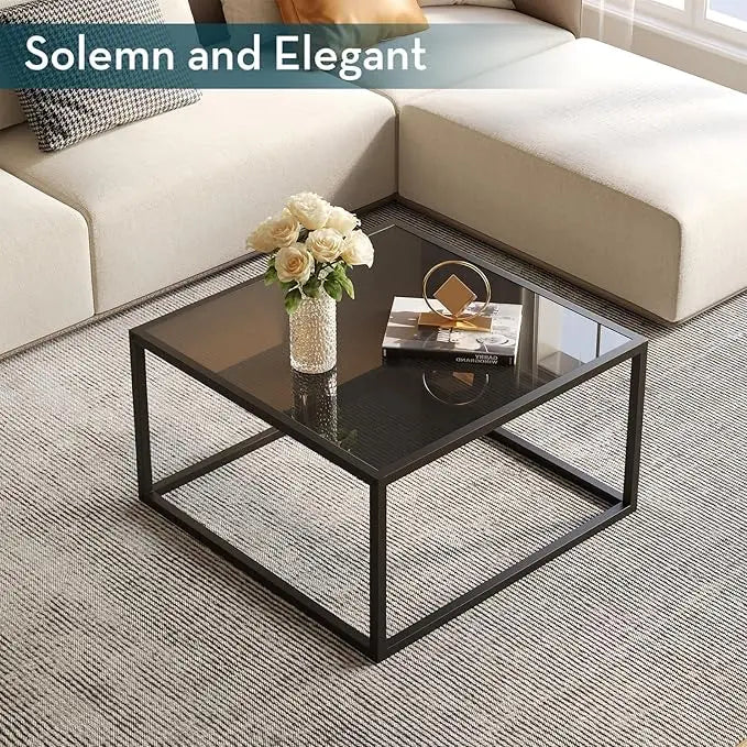 SAYGOER Black Glass Coffee Table Small Modern Coffee Tables 26.7in Square Tempered Glass-Top Accent Center Table for Living Room Home Office with Black Metal Frame Easy Assembly - LeafyLoom