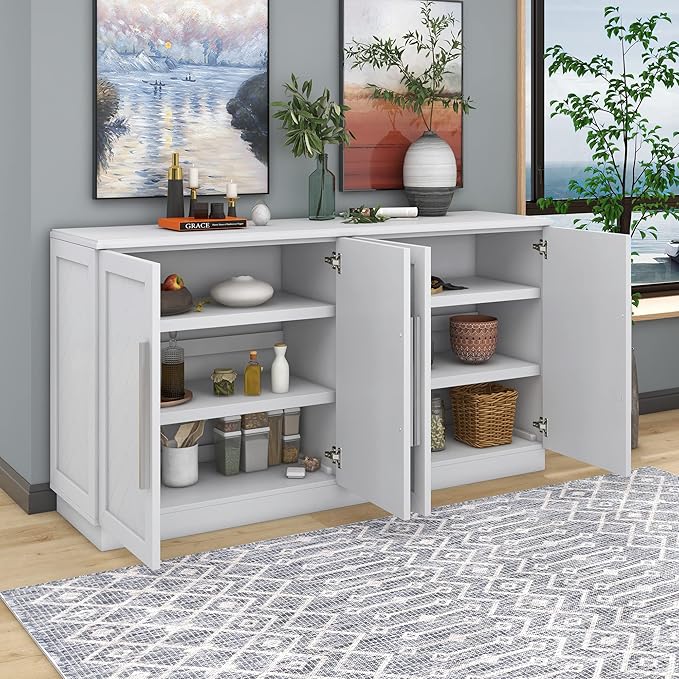 Wooden Sideboard with 4 Doors Large Storage Space,Buffet Cabinet,W/Adjustable Shelves and Silver Handles,Wear-Resistant Performance,for Kitchen,Dining Room,Hallway,White, 60" - LeafyLoom