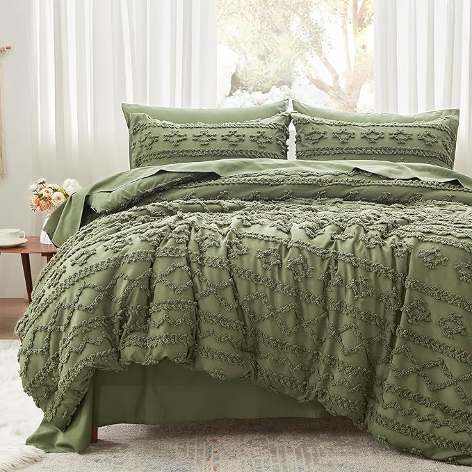 Anluoer Full Comforter Set 7 Pieces, Olive Green Tufted Bed in a Bag with comforters and sheets, All Season Bedding Sets with 1 Comforter, 2 PillowShams, 2 Pillowcases, 1 Flat Sheet, 1 Fitted Sheet - LeafyLoom