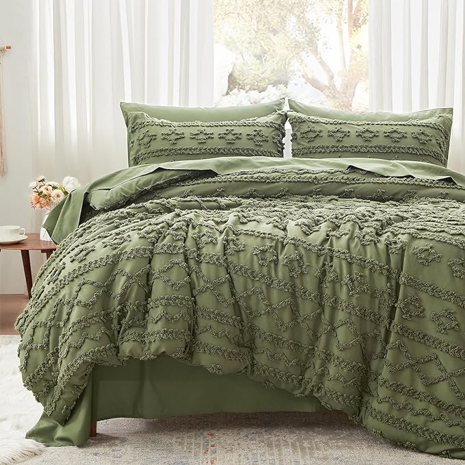 Anluoer King Comforter Set 7 Pieces, Olive Green Tufted Bed in a Bag with comforters and sheets, All Season Bedding Sets with 1 Comforter, 2 PillowShams, 2 Pillowcases, 1 Flat Sheet, 1 Fitted Sheet - LeafyLoom