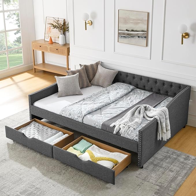 RITSU Queen Size Mid-Century Daybed, 2 Storage Drawers,Linen Button Upholstered Tufted Sofa Bed, Copper Nail on Waved Shape Arms, No Box Spring Needed,for Bedroom, Livingroom, Dark Grey, 84.50 - LeafyLoom