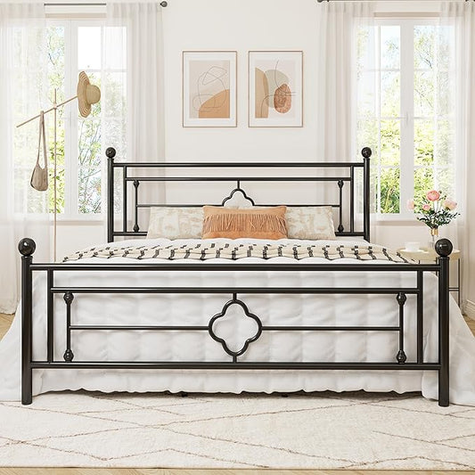 Allewie King Size Metal Platform Bed Frame with Victorian Vintage Headboard and Footboard/Mattress Foundation/Under Bed Storage/No Box Spring Needed/Noise-Free/Easy Assembly, Black - LeafyLoom