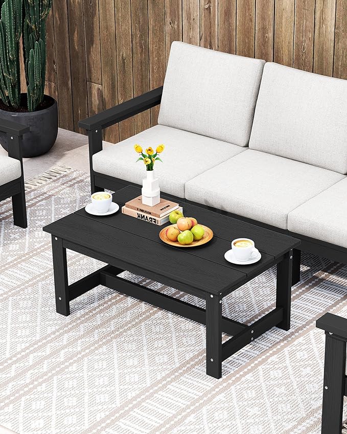 SERWALL HDPE Patio Furniture Set, 1 Pieces Outdoor Sectional Conversation Sofa Set, All Weather Patio Couch Furniture with Coffee Table for Balcony, Deck, Black - LeafyLoom