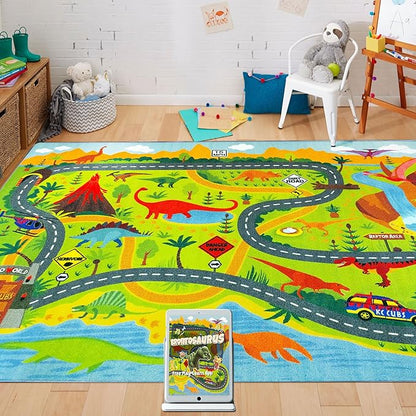 KC Cubs Playtime Collection Dinosaur Dino Safari Road Map Educational Learning & Game Area Rug Carpet for Kids and Children Bedrooms and Playroom (8'2" x 9'10") - LeafyLoom