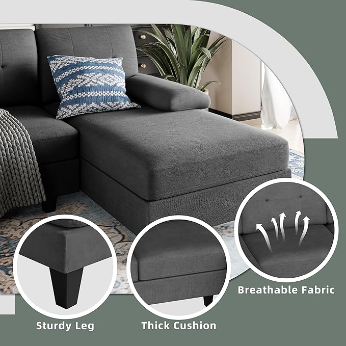 Shintenchi Sectional Couches for Living Room, U Shaped Sofa Couch with Double Chaise, 4-Seat Living Room Furniture Sets with Soft Cushion & Linen Fabric, Black - LeafyLoom