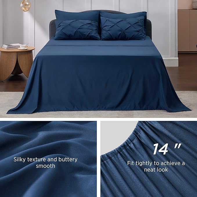 Bedsure California King Comforter Set - Cal King Bed Set 7 Pieces, Pinch Pleat Navy Blue Cali King Bedding Set with Comforter, Sheets, Pillowcases & Shams - LeafyLoom