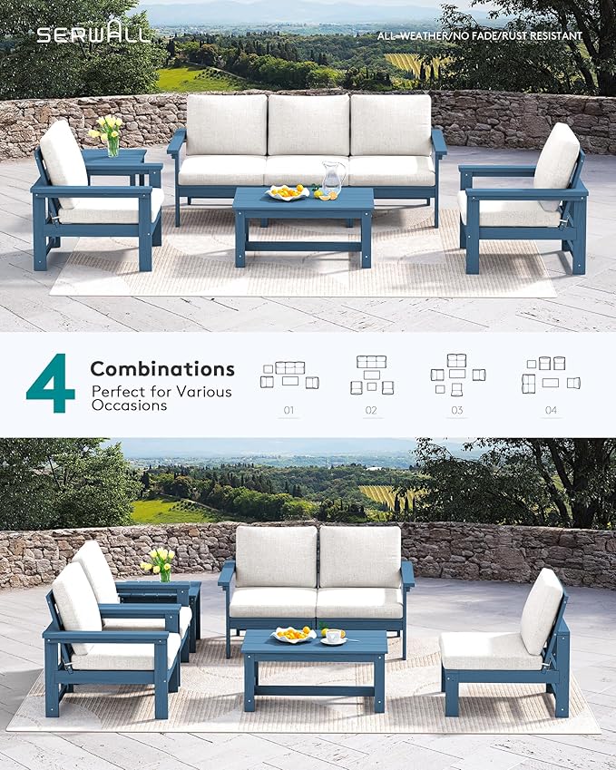 SERWALL HDPE Patio Coversation Set, 7-piece Outdoor Sectional Sofa Set, All Weather Patio Couch Set Patio Furniture for Balcony, Deck, Navy Frame with Khaki Cushion - LeafyLoom