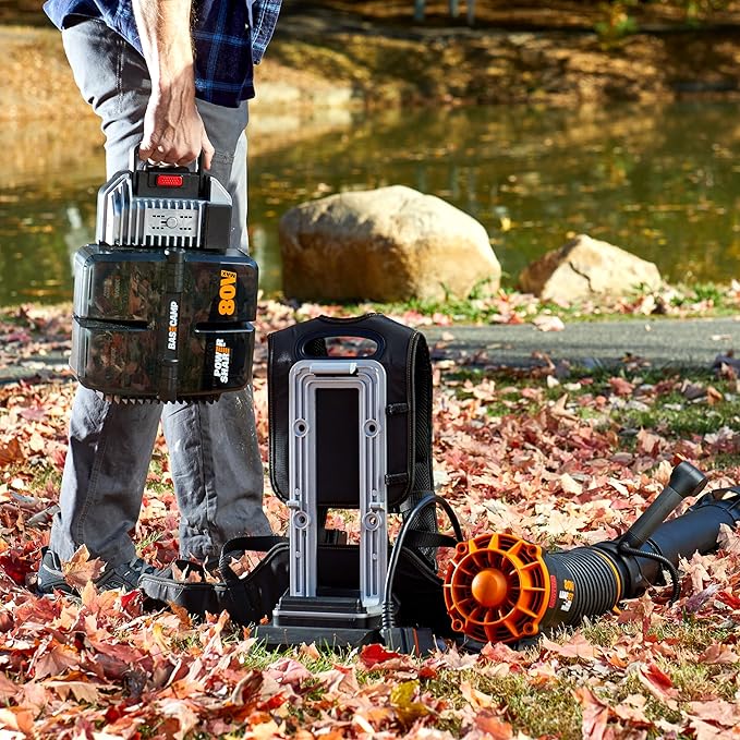 Worx Nitro 80V Cordless Leaf Blower, 800 CFM 150 MPH, Brushless Backpack Electric Leaf Blower WG572, Turbine Fan, Variable Air Control – 4 PowerShare Batteries, Basecamp Charger Included - LeafyLoom