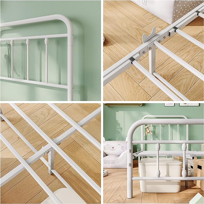 Vintage Twin Size Bed Frame with Headboard and Footboard Mattress Heavy Duty Metal Platform Bed Frame Steel Slat Support (Twin, White) - LeafyLoom