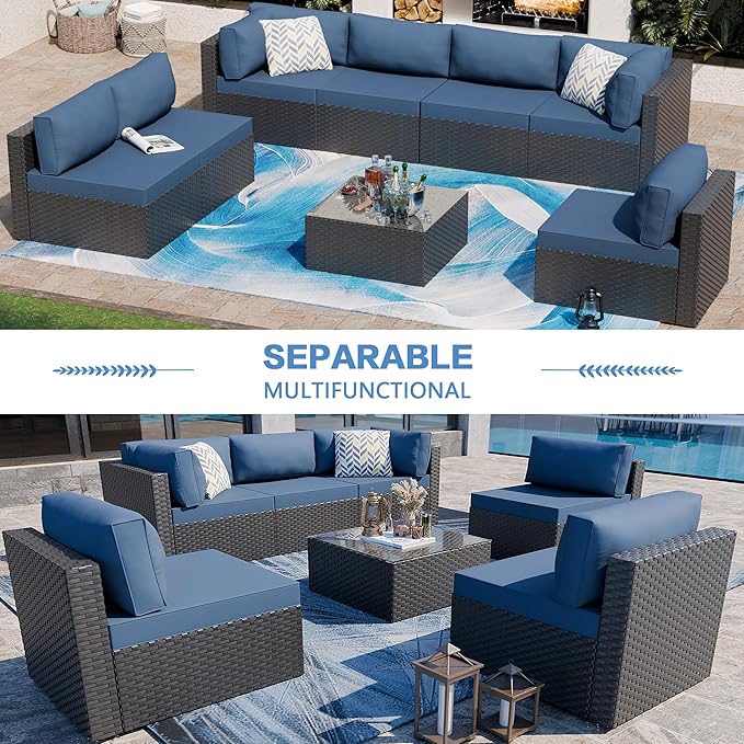 Shintenchi 7 Pieces Outdoor Patio Sectional Sofa Couch, Black Wicker Furniture Conversation Sets with Washable Cushions & Glass Coffee Table for Garden, Poolside, Backyard (Aegean Blue) - LeafyLoom