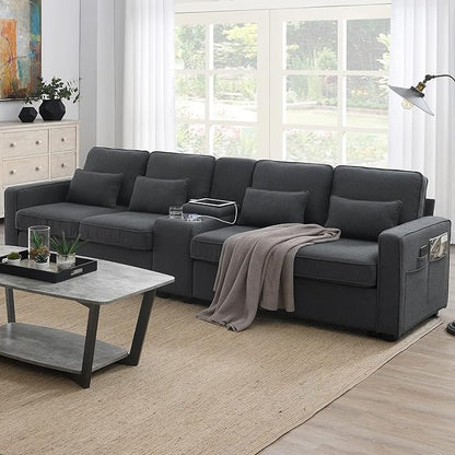 114.2" Linen Upholstered Sofa with Consoleand 2 USB Ports Wired or Wirelessly Charged,Modern 4-Seat Couches W/ 4 Pillows and Two Cupholders,for Living Room,Apartment,Dark Grey - LeafyLoom