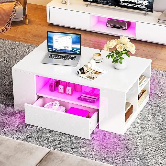 YITAHOME Modern Coffee Tables for Living Room, High Gloss LED Coffee Table, Storage Coffee Table, Small Coffee Table, Wood Center Table with 2 Sliding Drawers and Open Side Shelf,White - LeafyLoom