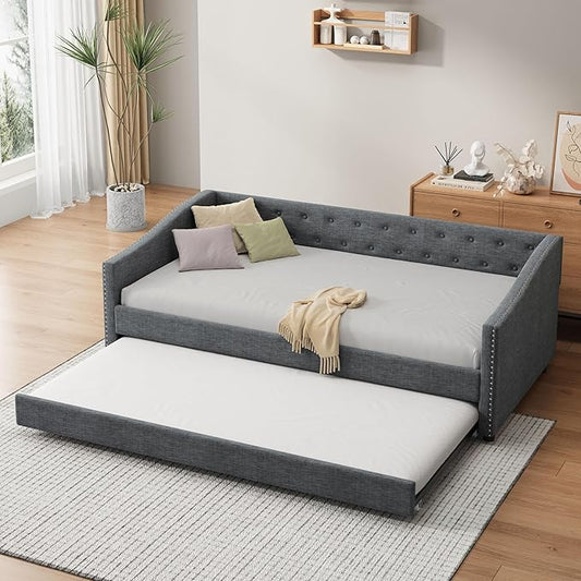 Twin Size Upholstered Daybed with Twin-Size Trundle,Elegant Wood Bed Frame w/Button Tufted Back and Waved Shape Arms & Nailhead,Slat Support,Sofa Bed for Apartment,Bedroom,Dark Grey - LeafyLoom