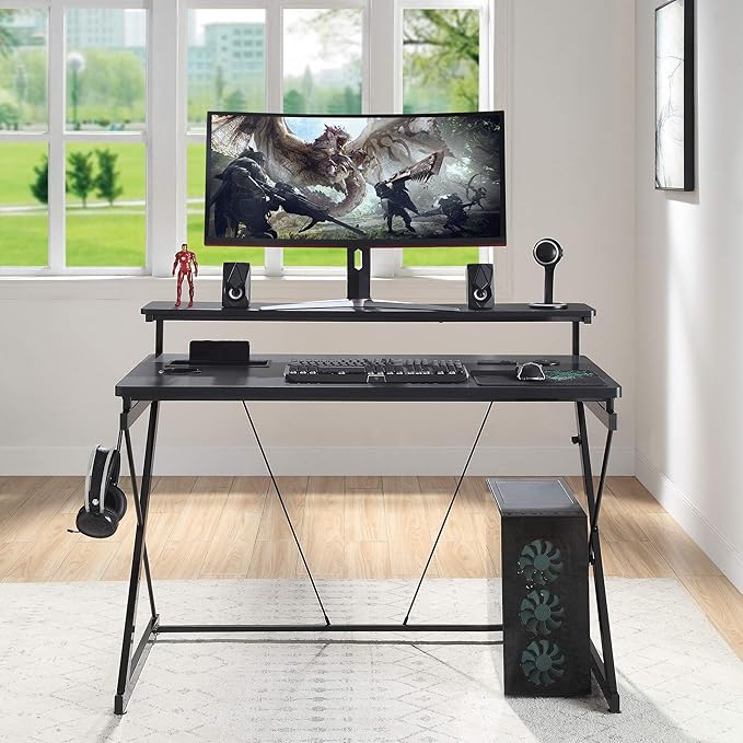 OSP Home Furnishings Emulator Battlestation Gaming Desk with RGB LED Lights, Black - LeafyLoom