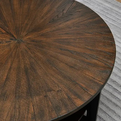 MODERION Round Coffee Table with Storage Shelf, Farmhouse Living Room Cocktail Black Metal Legs, Circular Solid Wood Center Tea Table, Sofa 35.3-''Dx17.8-''H, Natural Brown KFZ1338NC - LeafyLoom