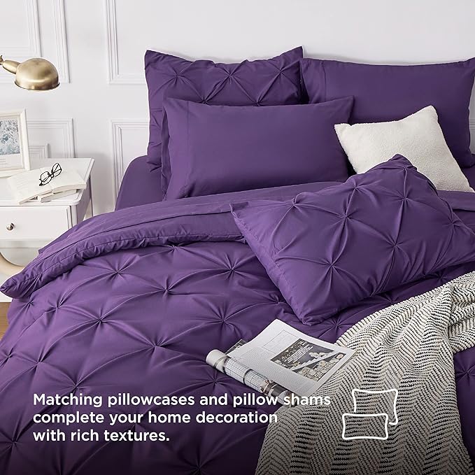 Bedsure Purple Comforter Set Queen - Bed in a Bag Queen 7 Pieces, Pintuck Bedding Sets Purple Bed Set with Comforter, Sheets, Pillowcases & Shams - LeafyLoom