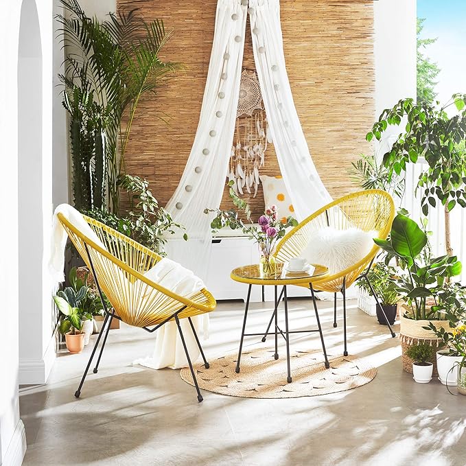 SONGMICS 3-Piece Outdoor Seating Acapulco Chair, Modern Patio Furniture Set, Glass Top Table and 2 Chairs, Indoor and Outdoor Conversation Bistro Set, Yellow UGGF011Y01 - LeafyLoom