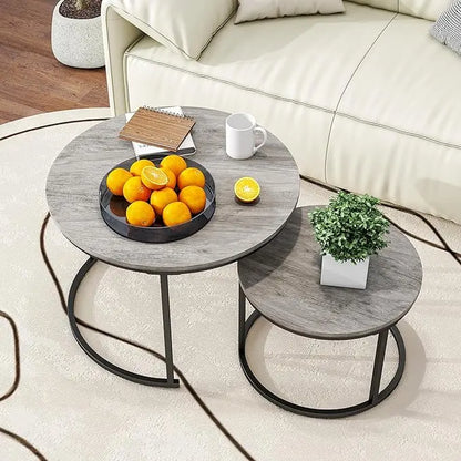 Nesting Round Coffee Table Set of 2 End Tables for Living Room,Grey Coffee Table Wooden Accent Furniture with Metal Frame,Stacking Side Tables,Black+Warm Grey - LeafyLoom