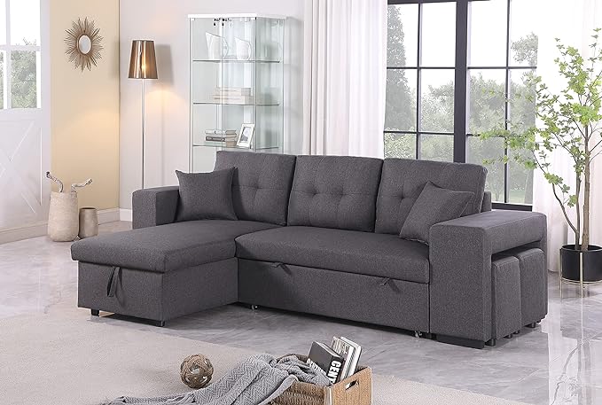 RITSU Reversible Sectional Sofa, Pull Out Loveseat Sleeper Bed Storage Space and 2 Stools, Corner Couch with Side Cabinets, Suitable for Living Room, Apartment Dark Gray, 95.27inch - LeafyLoom