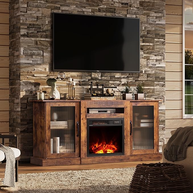 WLIVE Fireplace TV Stand for 65" TV, Entertainment Center with 18 Inch Electric Fireplace, TV Console with Open Shelves for Living Room and Bedroom, Rustic Brown - LeafyLoom