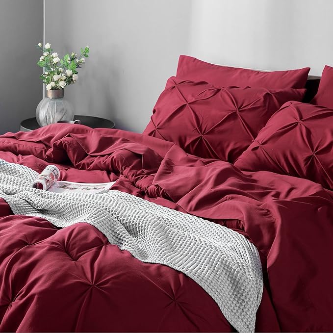 Bedsure Red Comforter Set King - Bedding Set King 7 Pieces, Pintuck Bed in a Bag Burgundy Bed Set with Comforter, Sheets, Pillowcases & Shams - LeafyLoom