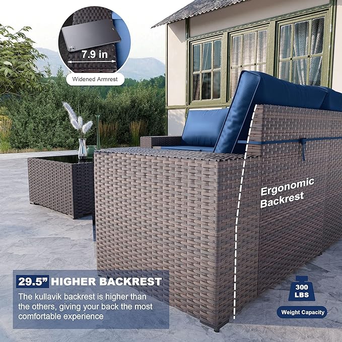 Kullavik 6PCS Outdoor Patio Furniture Set PE Wicker Rattan Sectional Sofa Patio Conversation Sets,Navy blue - LeafyLoom