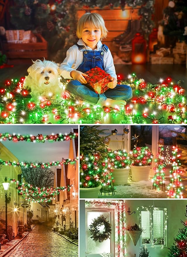 Minetom Solar Christmas Lights Outdoor Waterproof, 40FT 100 LED Solar Lights with 8 Modes, Solar Christmas Outdoor Decoration, Solar String Lights for Outside House Tree Party Yard, Red Green & White Minetom