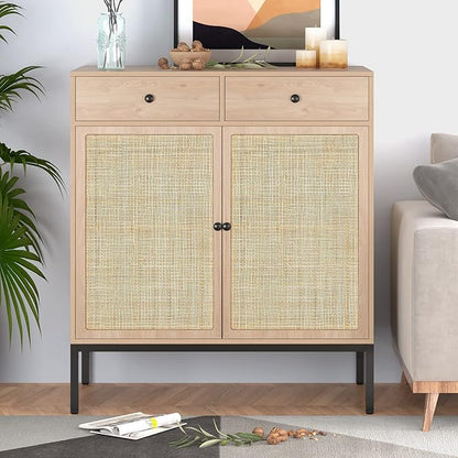 XIAO WEI Set of 2 Sideboard Cabinet with Handmade Natural Rattan Doors and Drawers, Rattan Cabinet Console Table Buffet Cabinet, for Kitchen, Living Room, Hallway, Entryway, Natural - LeafyLoom